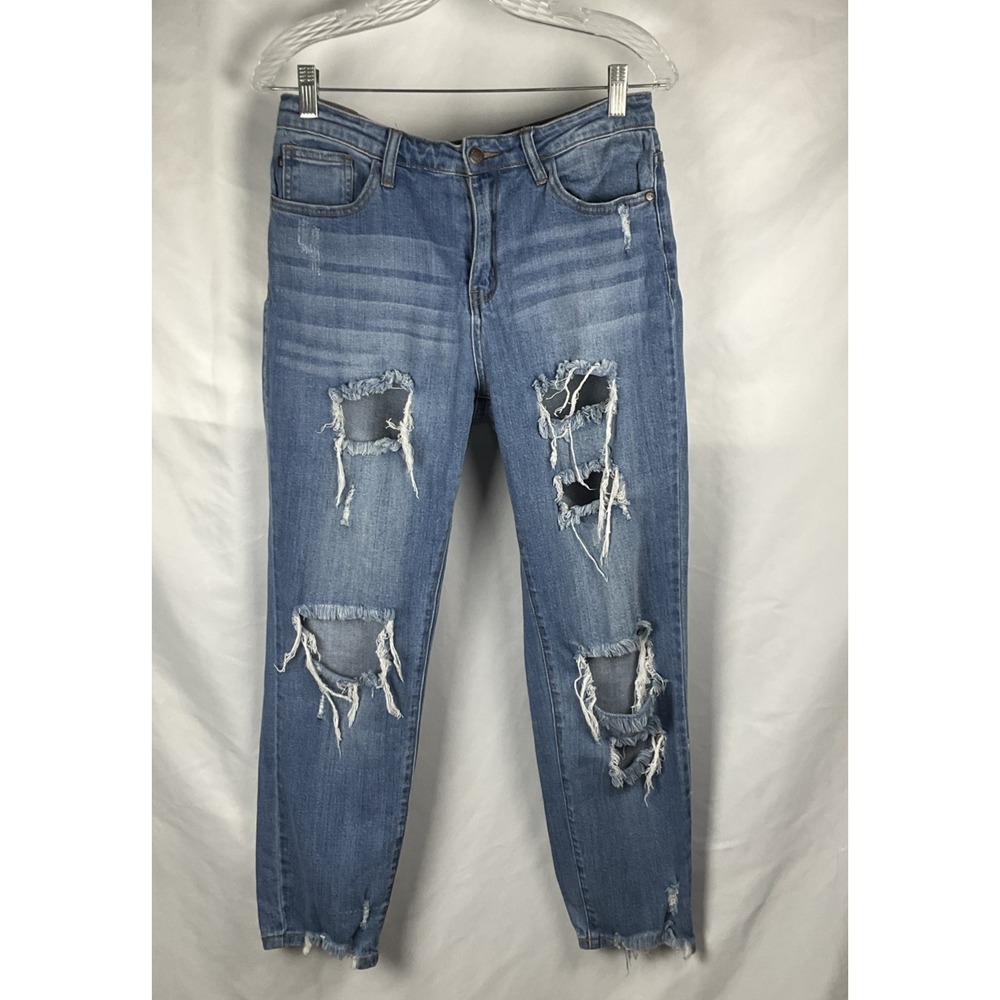Judy Blue Women's  9/29 Girlfriend Jeans‎ Destroyed  Med Wash Straight 5 Pocket